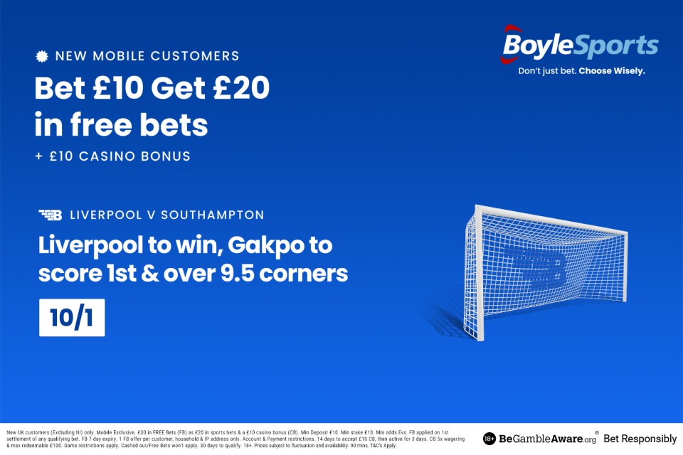 Liverpool vs Southampton: Get £20 in free bets and £10 casino bonus with BoyleSports, plus 12/1 Cody Gakpo offer