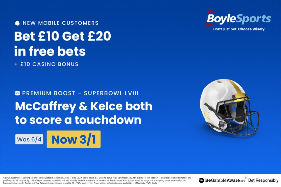 Get £20 in free bets, £10 casino bonus & Super Bowl LVIII boost at BoyleSports