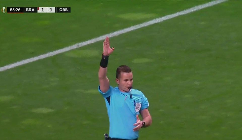 The referee initially put his arm up to signal offside