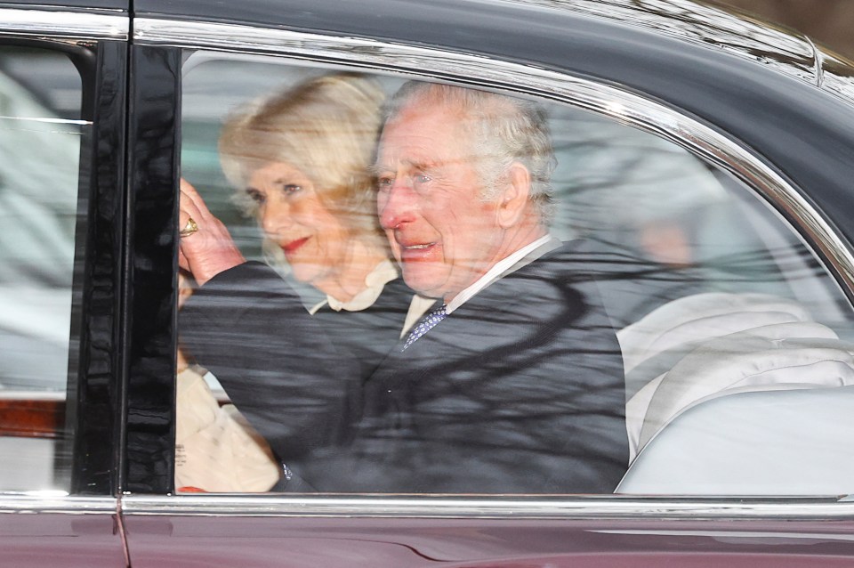 Beaming Camilla and Charles wave to crowds en route from Clarence House at 3.35pm