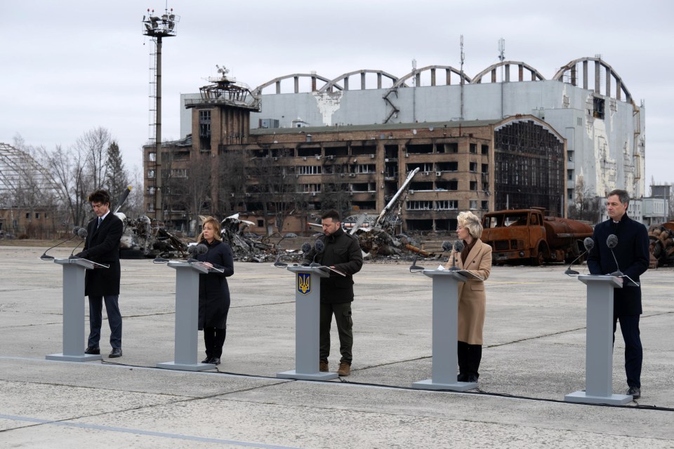 Volodymyr Zelensky speaks today amongst the ruins of Antonov Airport