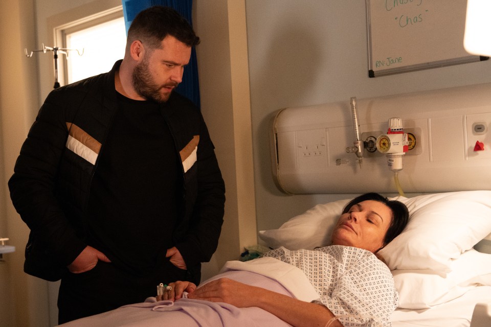 Emmerdale's Chas Dingle puts on a brave face in front of Aaron Dingle as she's taken into surgery next week