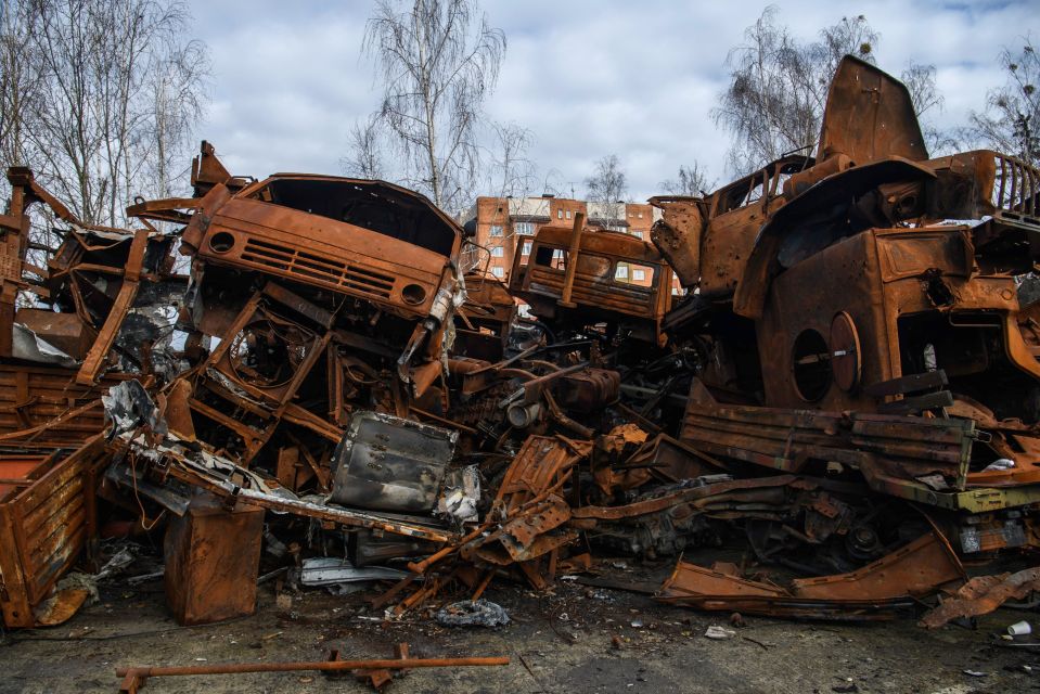 Destroyed Russian military equipment at Hostomel airport