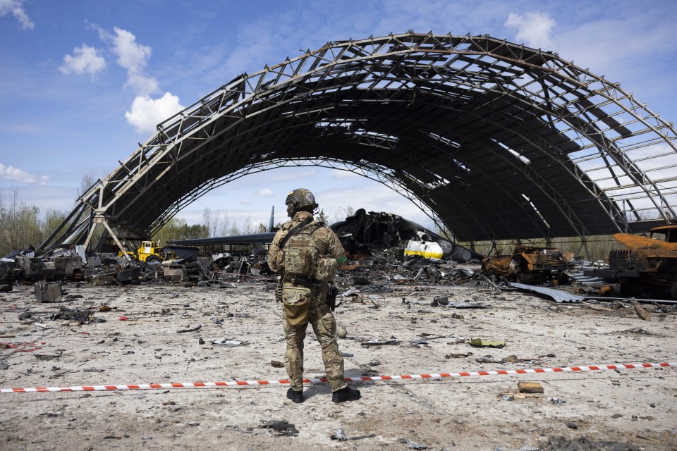 A Ukrainian soldier looks over the burned out wreck of the plane 'Mira'