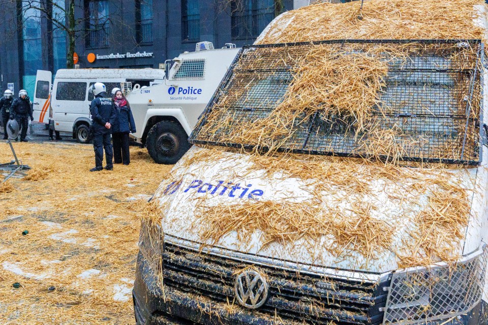 Police cars are covered with hay during a protest of European farmers