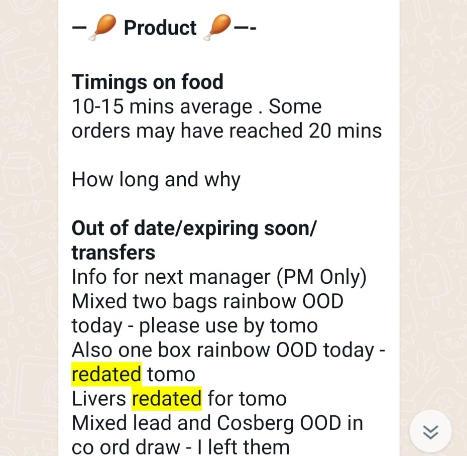 Staff WhatsApp group chat tells of stinking food