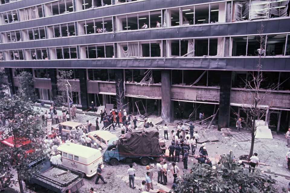 Glass windows are blown off after an EAAJAF bomb blasts the Mitsubishi Heavy Industries Headquarters in 1974 in Tokyo