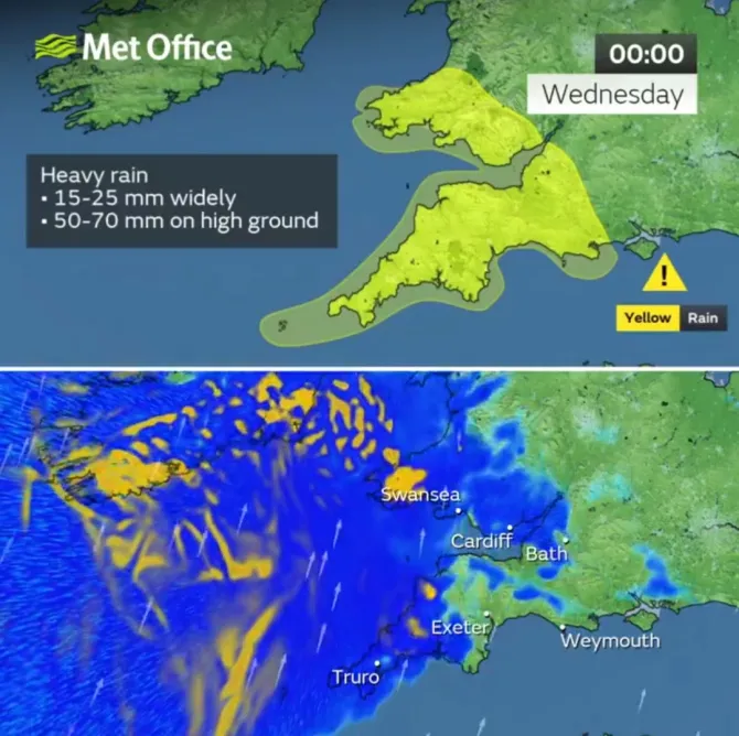 The Met Office predicted up to 70mm of rain to fall over higher ground today