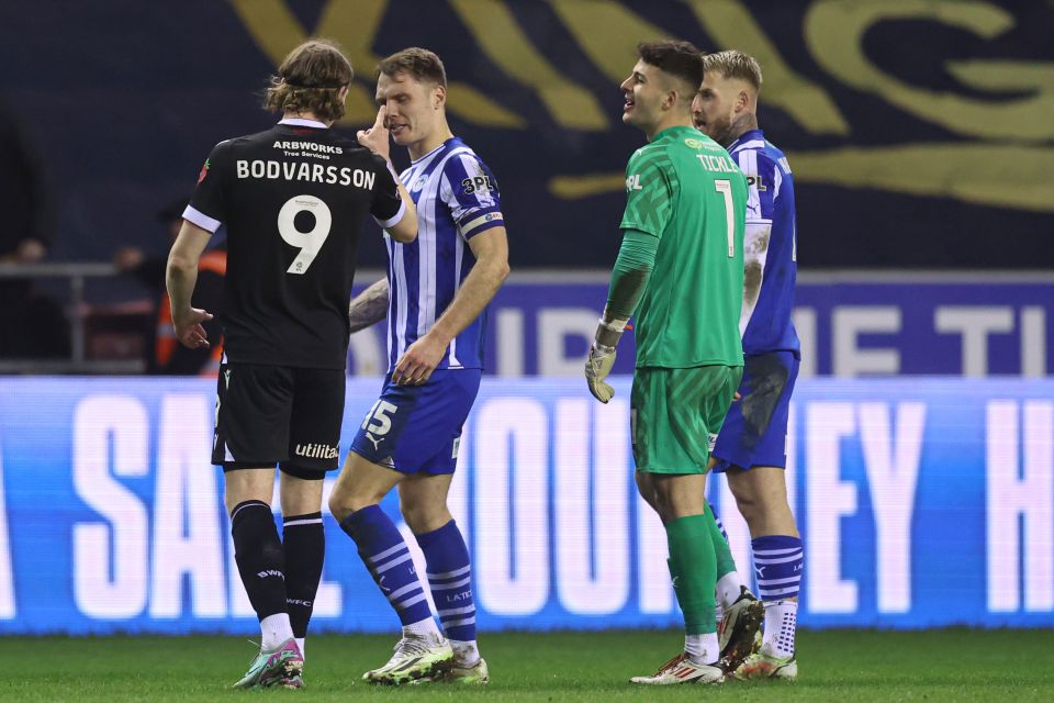 Bolton's Jon Dadi Bodvarsson confronted Wigan players to kickstart the melee