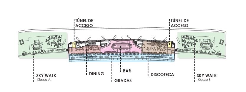 The floor plan of the VIP area shows two access tunnels, with huge open terraces at either end of the food, drink and dancing zone