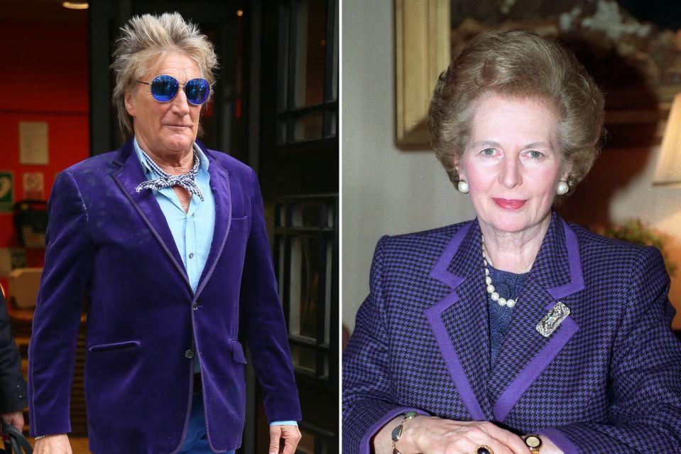 Rod Stewart and Maggie Thatcher dressed in purple