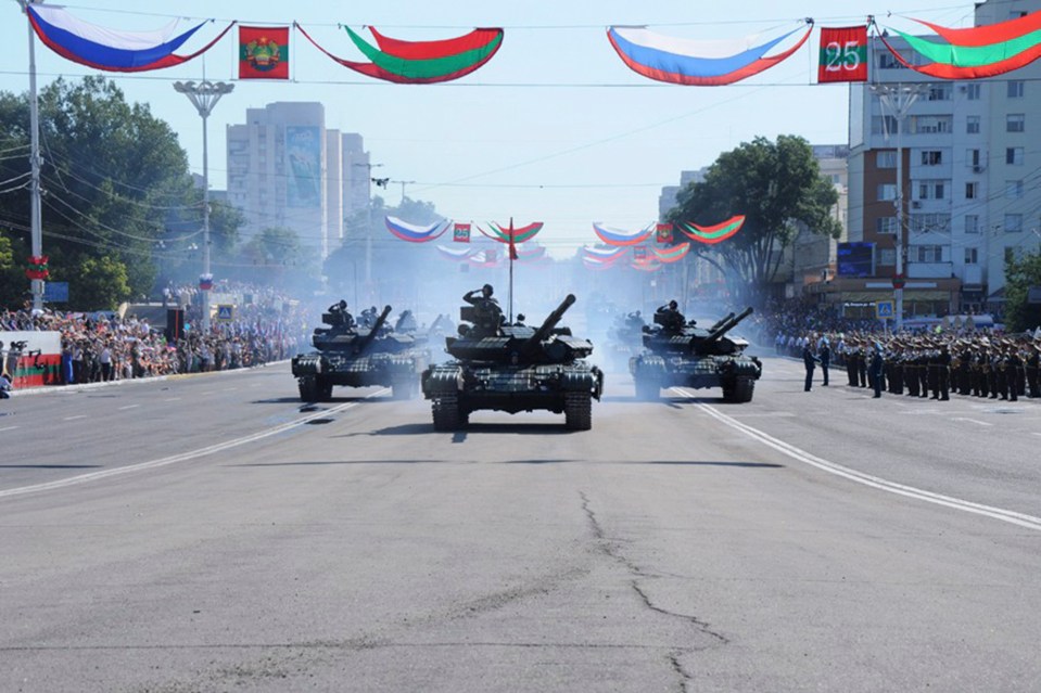 Russian so-called 'peacekeepers' take part in a parade to celebrate the 25th anniversary of Transnistria's illegal independence