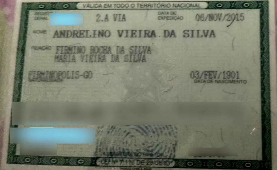 Photo Andrelino's ID card showing his full name and birth date