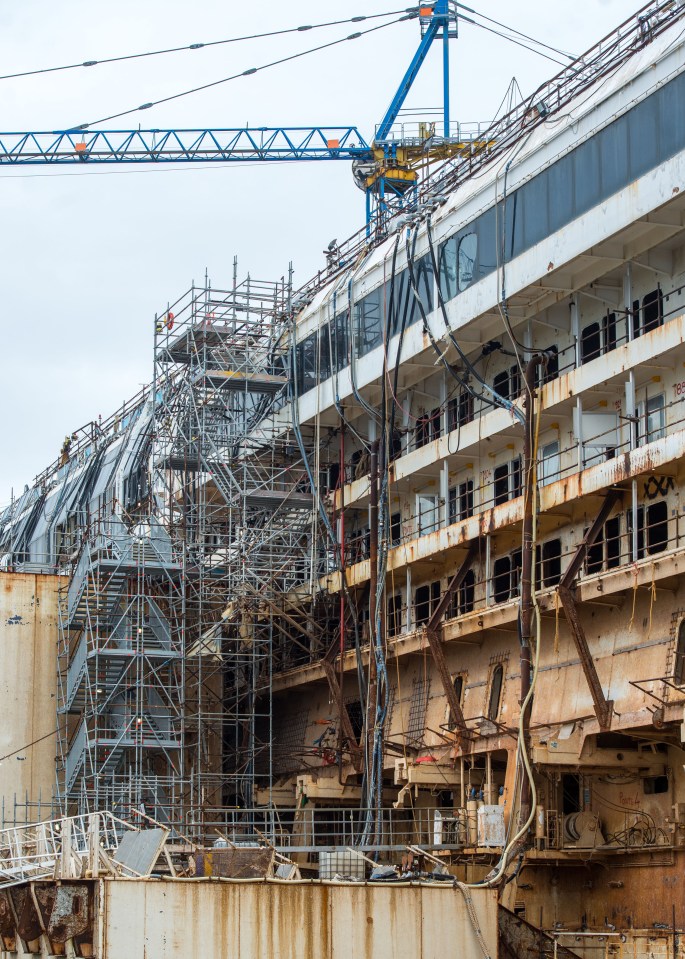 The cruise liner seen during the dismantling process