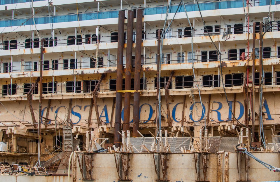 Exposed pipes and rusty wires dangling all around the ship