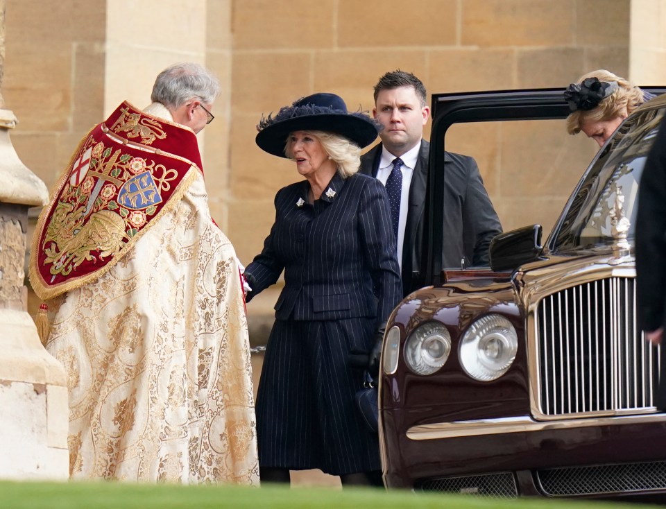 Queen Camilla arrived at today's service at St George’s Chapel, in Windsor Castle