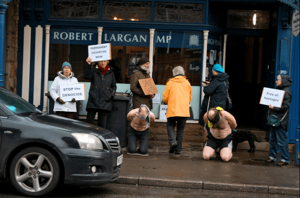 Protesters also gathered outside Tory MP Robert Largan's office pretending to be hostages