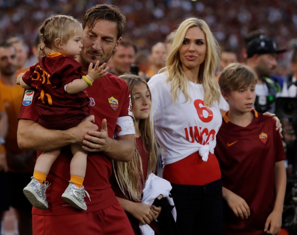 Francesco Totti with his daughters Isabel, Chanel, ex-wife Ilary and son Cristian as he saluted fans after his final Roma game