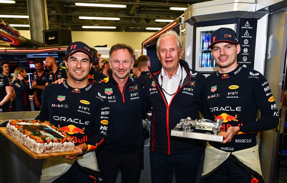 Horner and Marko with their two drivers 3-time champ Max Verstappen and Sergio Perez