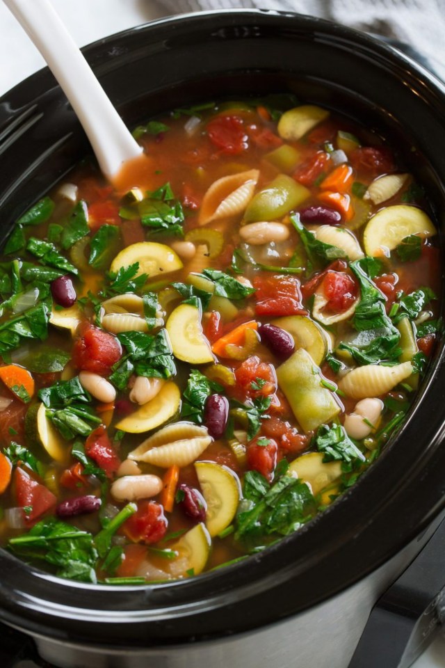 Slow Cooker Minestrone Soup  this healthy hearty soup is brimming with fresh vegetables, protein rich beans and tender pasta and it has such a delicious flavor! ; Shutterstock ID 2318447445; purchase_order: -; job: -; client: -; other: -