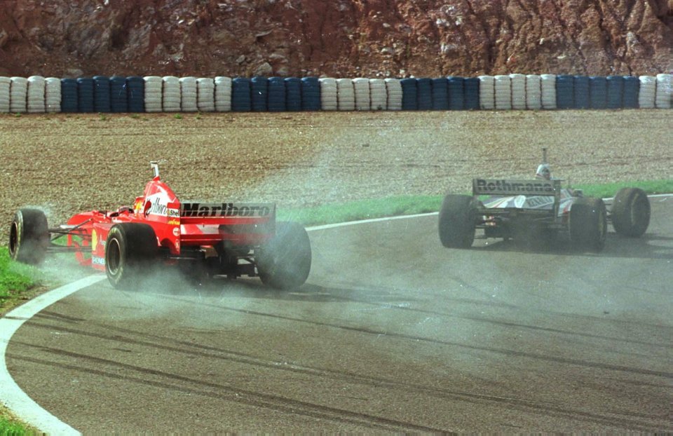 Schumacher ended up stalled in the gravel after ramming Villeneuve