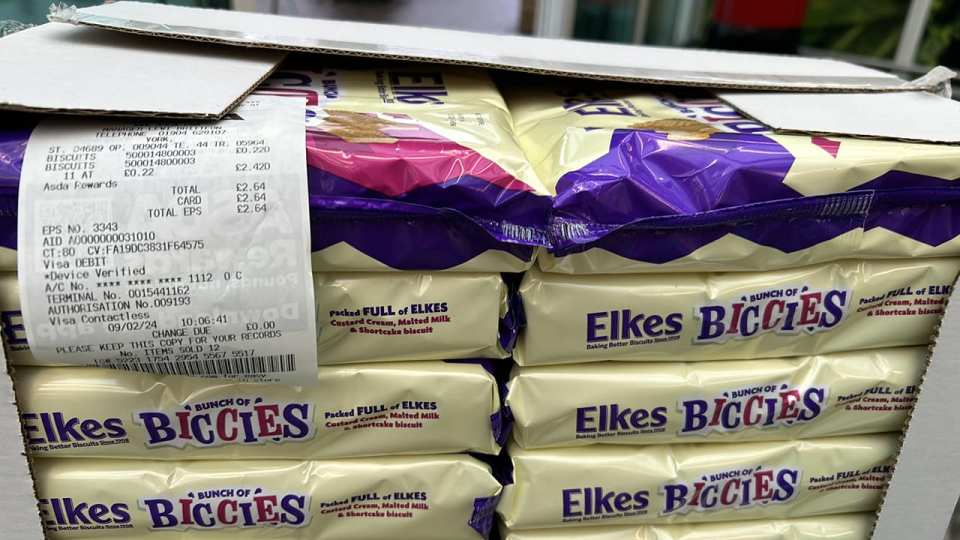 An eagle-eyed shopper spotted a pallet of Elkes Biccies on sale for just £2.64