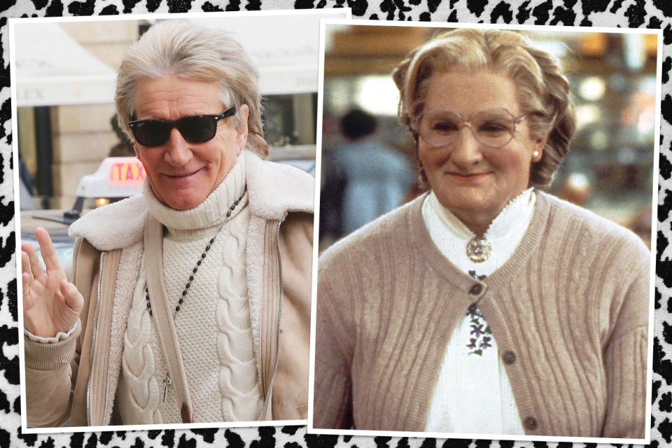 Movie icon Mrs Doubtfire’s beige knitwear was the muse for Rod and wife Penny’s 13th-anniversary trip to Paris