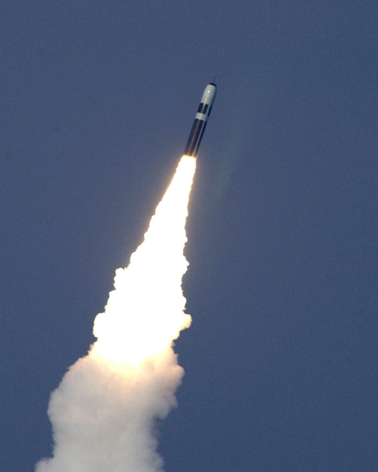 A Trident II D5 Missile breaking the surface, having been fired from HMS Vanguard in 2006