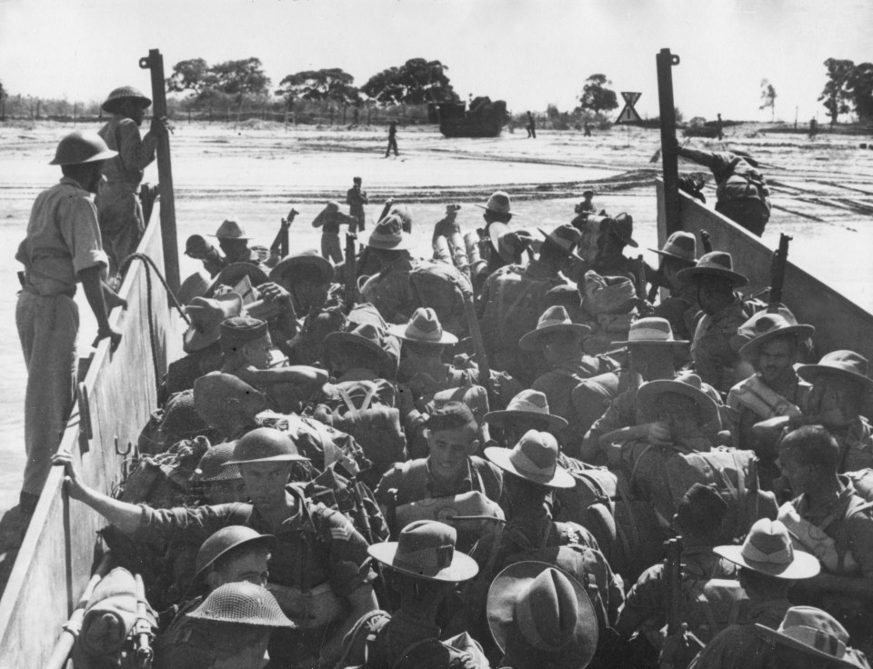 Troops of the 15th Indian corps land on Ramree Island off the coast of Burma in 1945