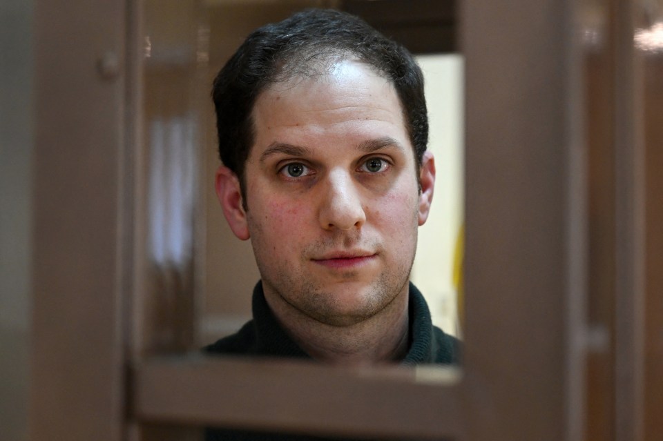 Evan Gershkovich pictured today inside defendants’ cage before a hearing to consider an appeal on his extended pre-trial detention, at the Moscow City Court