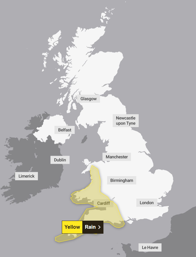 A yellow weather warning for rain is in place until 12pm today