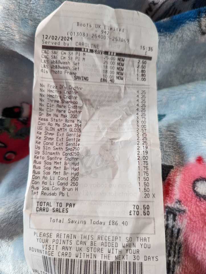 She shared a picture of her receipt showing she saved a whopping £86.40