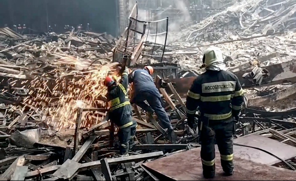 The mangled, burnt wreckage of the concert hall on Moscow’s outskirts