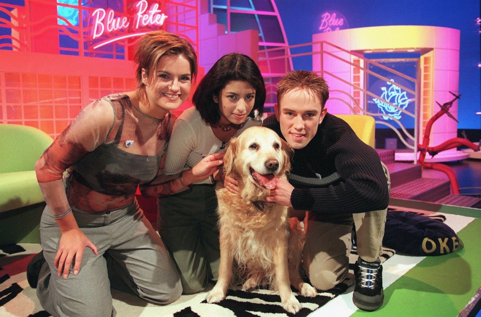 Simon with fellow Blue Peter presenters Katy Hill, Konnie Huq and Bonnie the dog in 1999