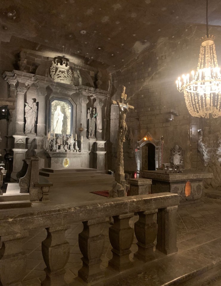 A three-piece altar entirely made of salt inside the St Kinga's chapel