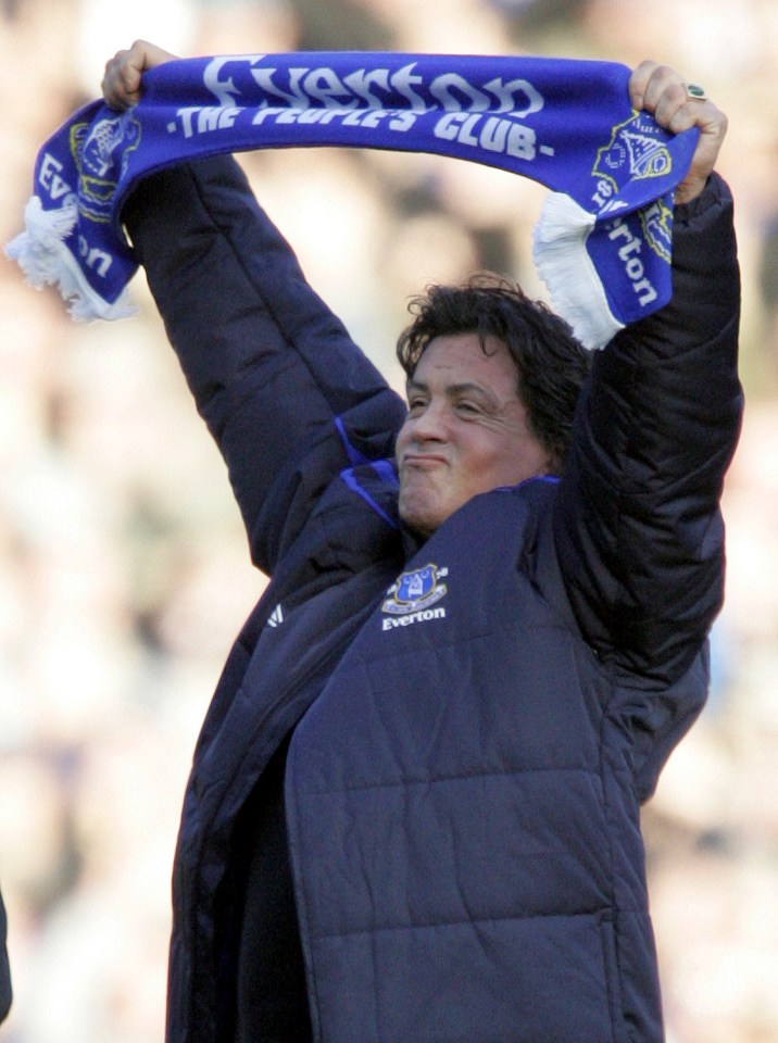 Hollywood star Sylvester Stallone salutes the fans at Goodison Park