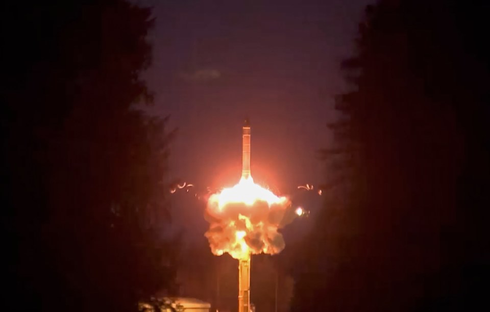 A Yars intercontinental ballistic missile is launched during a training of strategic nuclear deterrent forces in Plesetsk, Russia