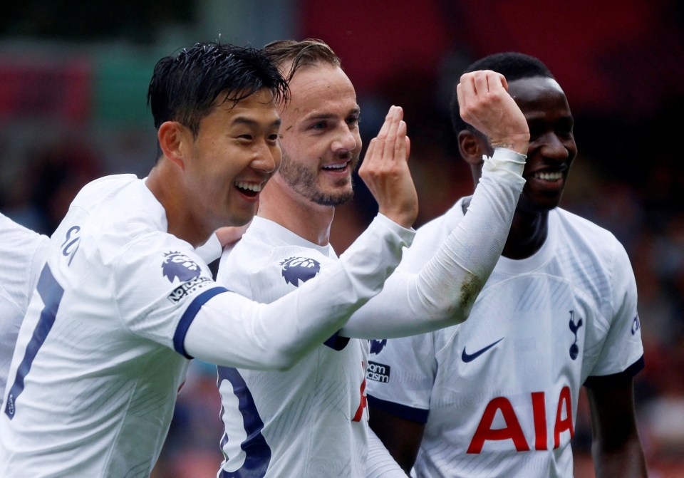 Tottenham Hotspur’s James Maddison celebrates scoring their first goal with Son Heung-min and Pape Matar Sarr