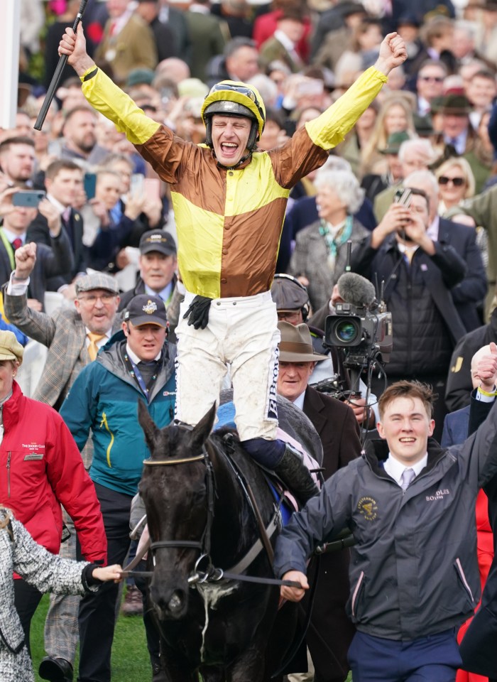 Winning jockey Townend on the crest of a wave going back to the winners' enclosure