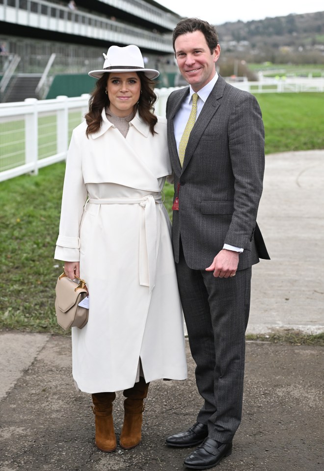 Eugenie, pictured here at Cheltenham races last week with husband Jack Brooksbank, is staying in Portugal for her big day