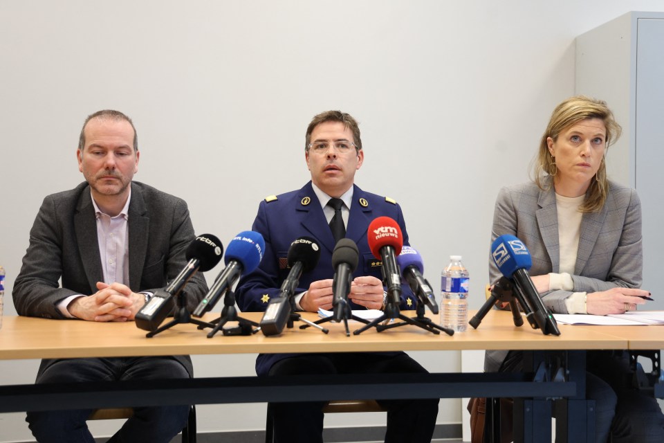 Charleroi’s King Prosecutor Vincent Fiasse (left), Federal Police director Eric Snoeck (middle) and Belgium’s Interior Minister Annelies Verlinden attend a press conference following the incident