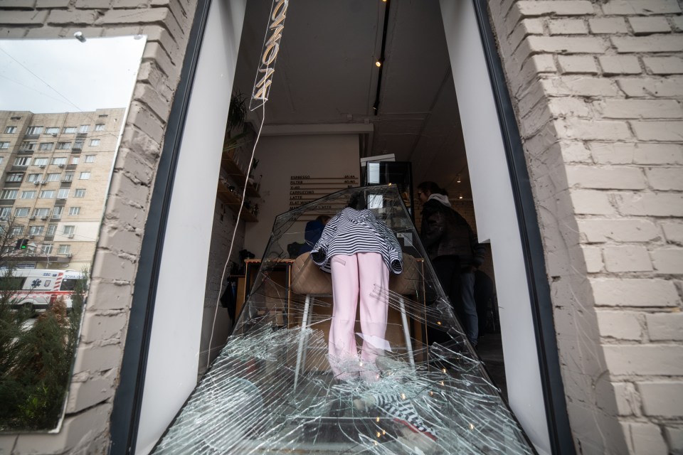 Mariia's coffee shop windows after it was destroyed by shrapnel from a ballistic missile