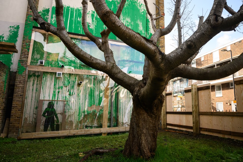 A perspex screen and a wooden wall has been erected next to the mural in Finsbury Park, North London