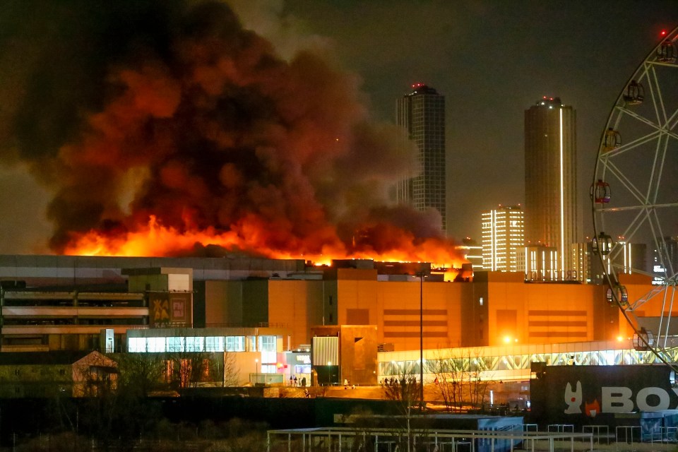 A huge blaze broke out over the Crocus City Hall in Russia