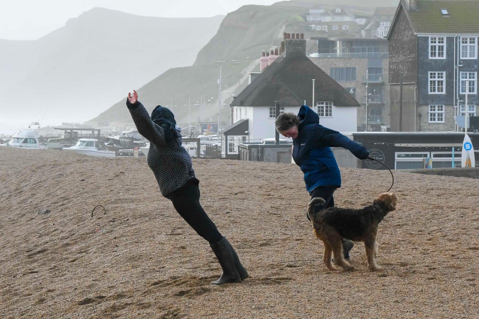 Dog walkers on the beach at West Bay in Dorset on Thursday lean into the gale force winds