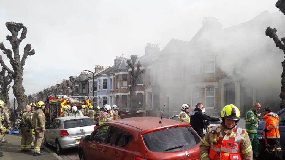 Horror footage showed the Hackney home going up in flames around noon yesterday