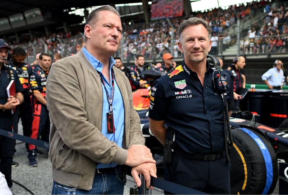 Red Bull Racing team principal Christian Horner, right, and Jos Verstappen, left, before the F1 Austrian Grand Prix in July 2023