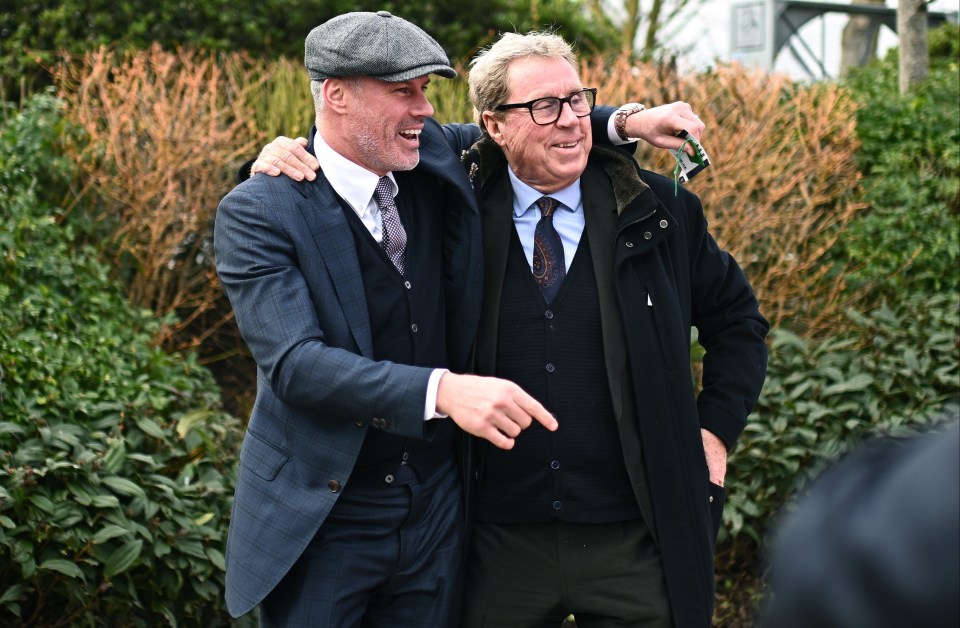 Jamie Carragher with Harry Redknapp at day three of the Cheltenham Festival