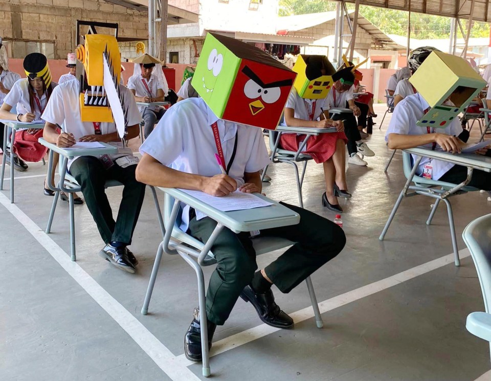 Some students wore helmets in the shape of animated characters like those in Angry Birds or Minecraft