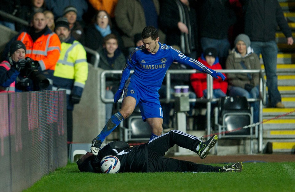 Eden Hazard was sent off in the 2013 League Cup semi-final for kicking Charlie Morgan